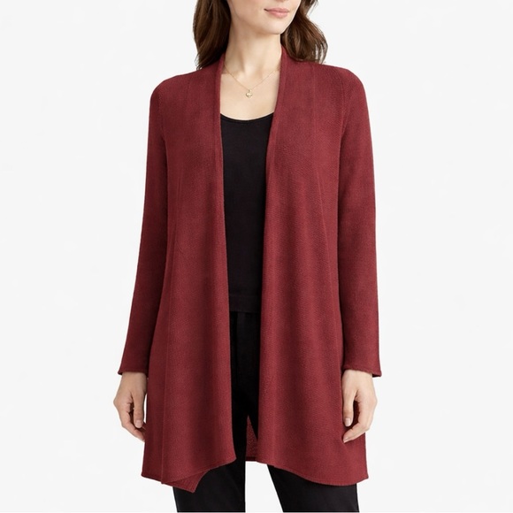 Eileen Fisher Sweaters - EILEEN FISHER Burgundy Cotton Linen Rib Knit Open Cardigan Relaxed Comfort Small